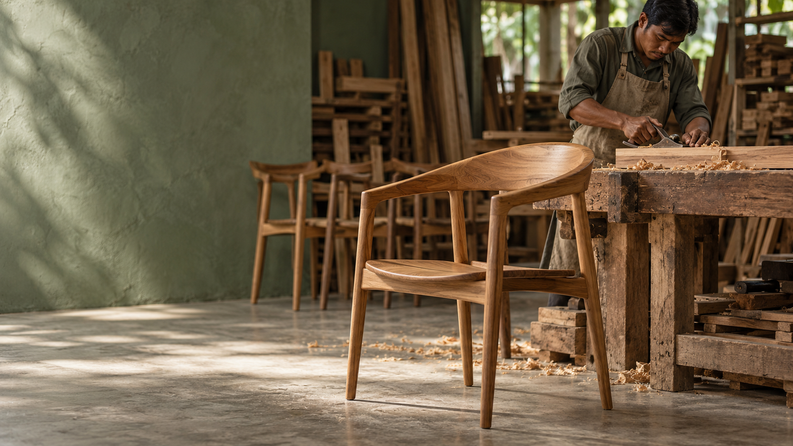 Illustrative woodworking workshop scene with a solid wood chair and a craftsperson at work